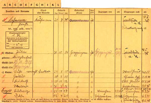 Meldekarte der Familie Lehmann